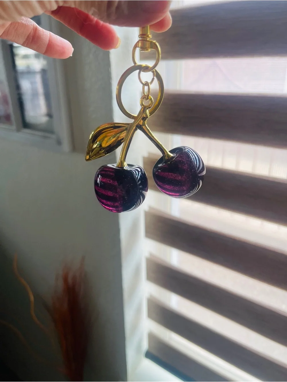 Gold-Tone Key & Card Holder Charm with Deep Purple Glass Cherries